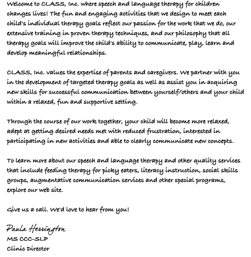 welcome class letter communication speech therapy language son services paula herrington